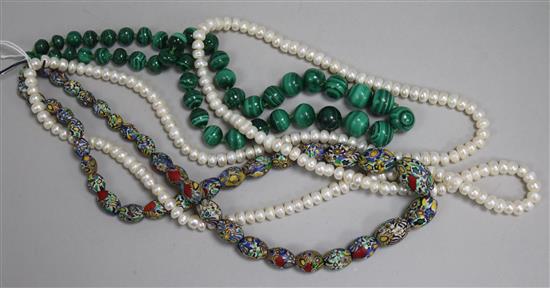 Three assorted necklaces, to include malachite, millefiore glass and cultured pearl.